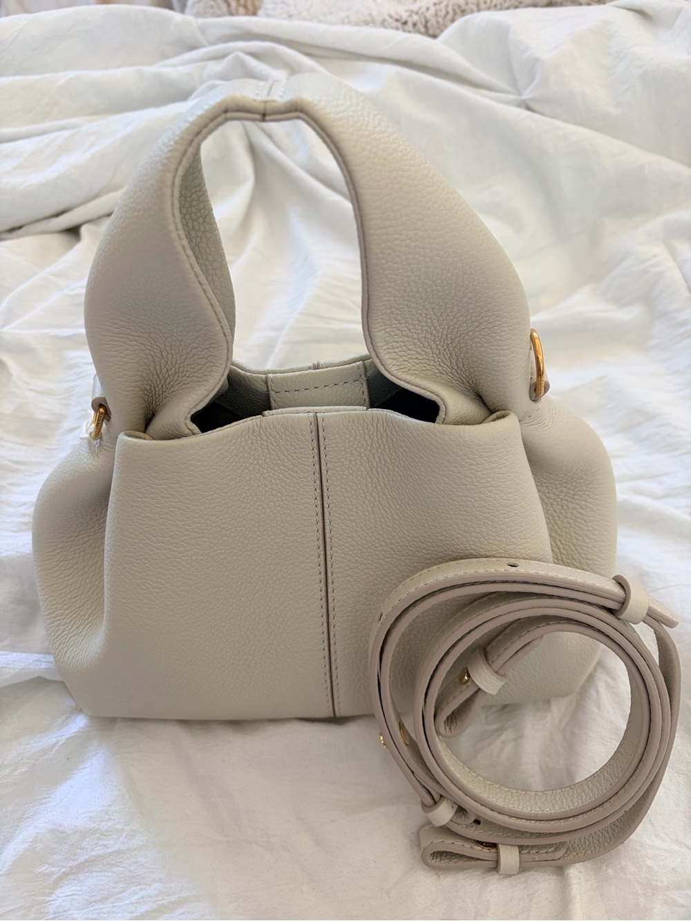 Polene Pebbled Leather Shoulder Bag in Light Beige with Gold Hardware